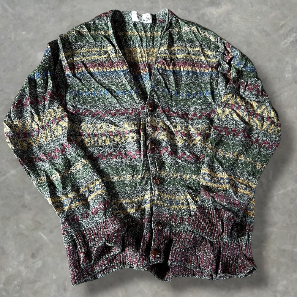 Vintage St Michael Men Pure New Wool Fair Isle Knit Cardigan Sweater Cottagecore